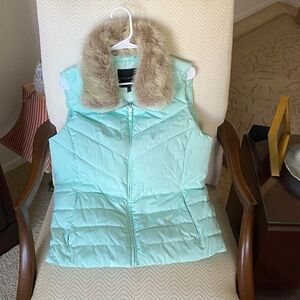 Talbots Aqua Puffer Vest with Faux Fur Trim